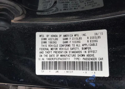 2015 Honda Accord Sport z USA, uszkodzony, nr VIN 1HGCR2F52FA259711